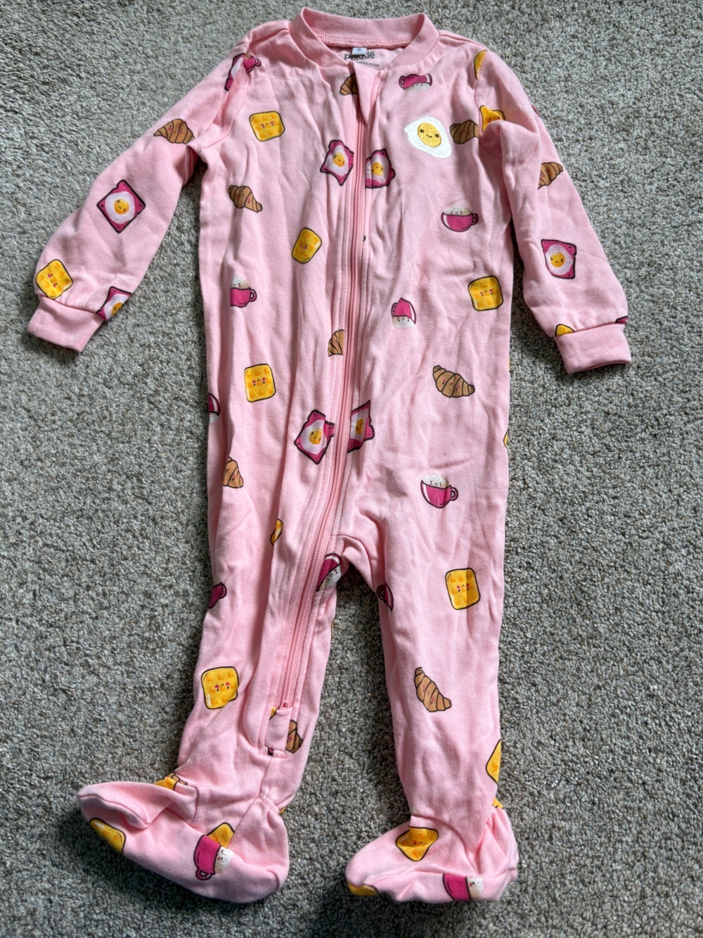 Pekkle 9M Pink Footed Onsie Sleeper with Breakfast Eggs Croissant coffee